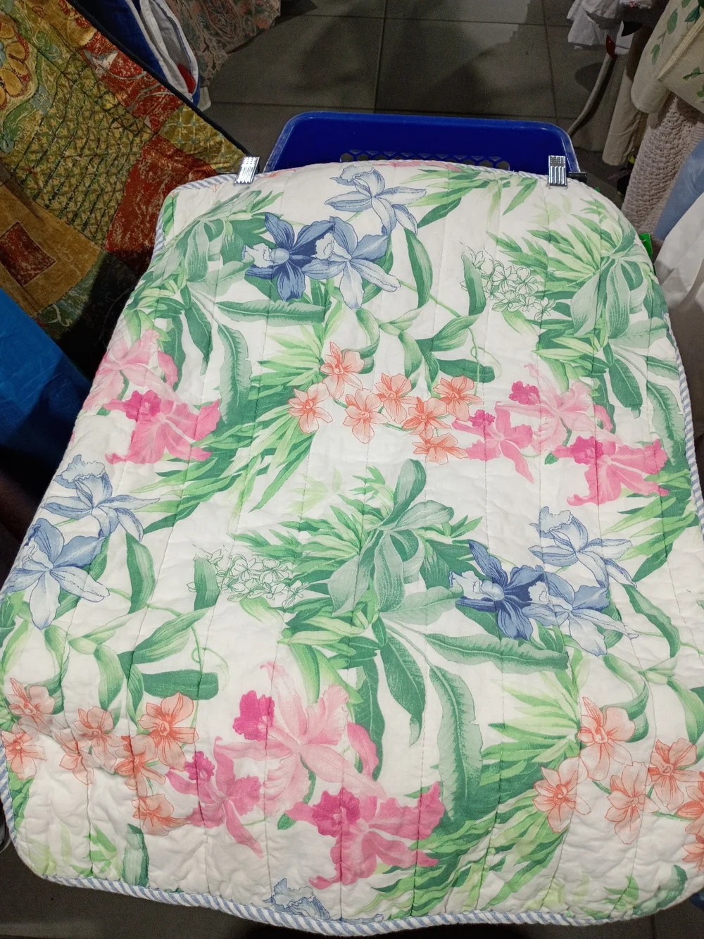 Floral Quilted Bed Throw - White with Pink & Green